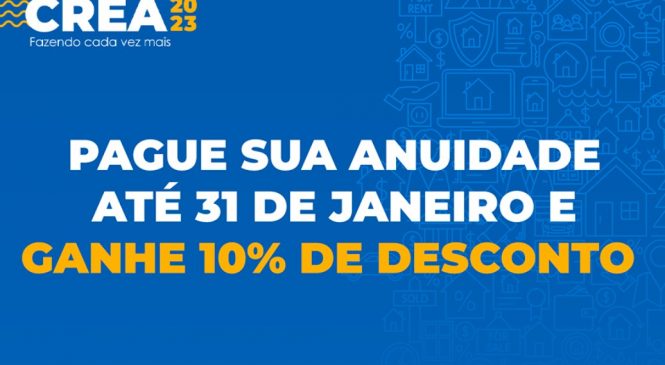 Última chance: Pague sua anuidade no Crea com 10% de desconto somente até terça-feira (31)